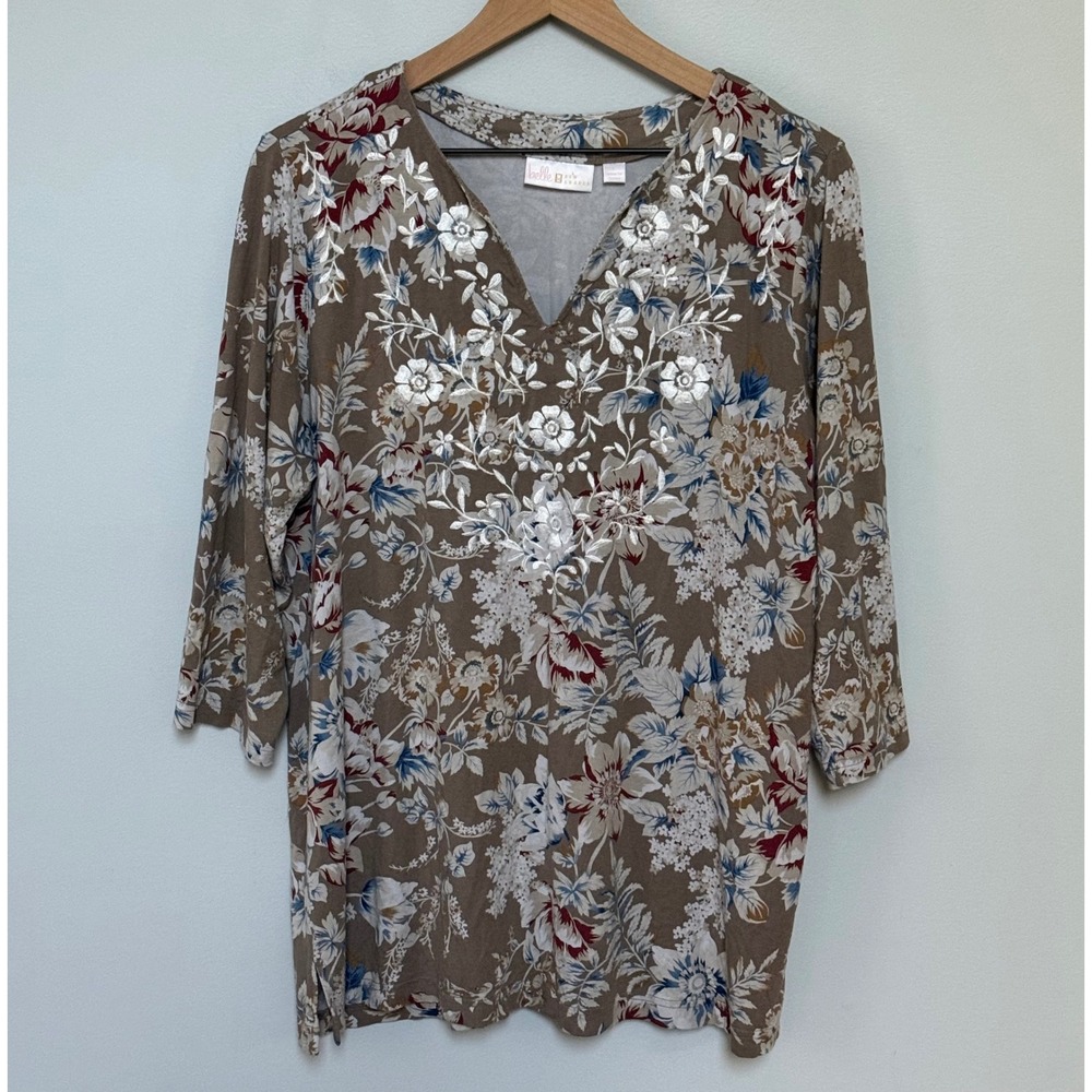 Belle by Kim Gravel Floral Embroidered V-Neck Top Brown Silver 3/4 Sleeve L
